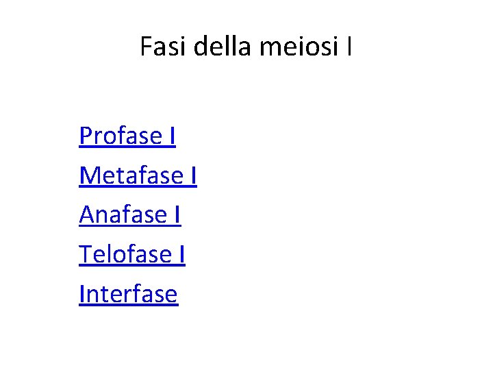 Fasi della meiosi I Profase I Metafase I Anafase I Telofase I Interfase 