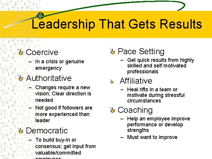 Leadership That Gets Results Coercive – In a crisis or genuine emergency Authoritative –