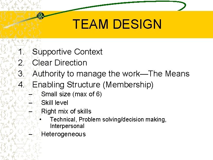 TEAM DESIGN 1. 2. 3. 4. Supportive Context Clear Direction Authority to manage the