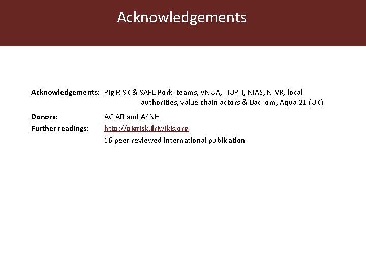 Acknowledgements: Pig RISK & SAFE Pork teams, VNUA, HUPH, NIAS, NIVR, local authorities, value