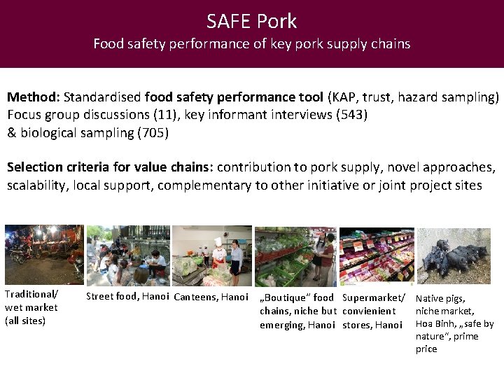 SAFE Pork Food safety performance of key pork supply chains Method: Standardised food safety
