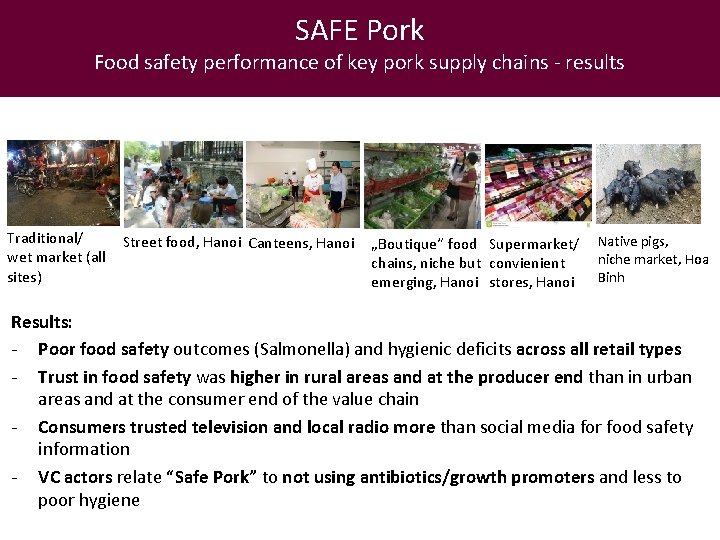 SAFE Pork Food safety performance of key pork supply chains - results Traditional/ wet