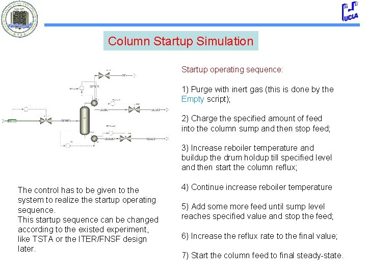 Column Startup Simulation Startup operating sequence: 1) Purge with inert gas (this is done