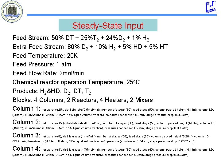 Steady-State Input Feed Stream: 50% DT + 25%T 2 + 24%D 2 + 1%