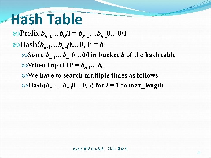 Hash Table Prefix bn-1…b 0/l = bn-1…bn-l 0… 0/l Hash(bn-1…bn-l 0… 0, l) =