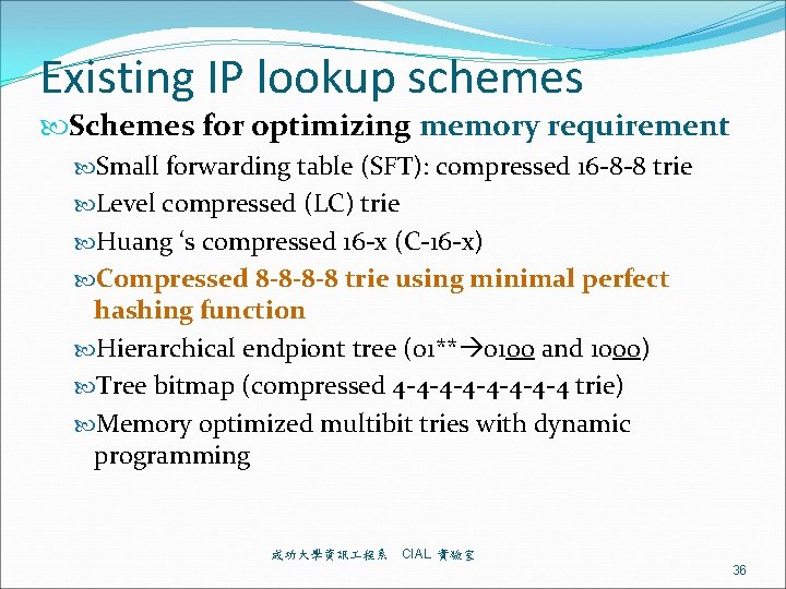 Existing IP lookup schemes Schemes for optimizing memory requirement Small forwarding table (SFT): compressed