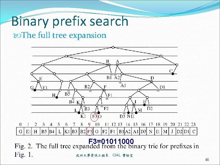 Binary prefix search The full tree expansion F 3=01011000 成功大學資訊 程系 CIAL 實驗室 46