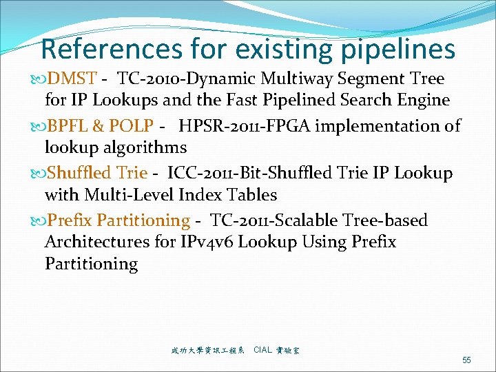 References for existing pipelines DMST - TC-2010 -Dynamic Multiway Segment Tree for IP Lookups