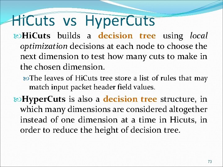 Hi. Cuts vs Hyper. Cuts Hi. Cuts builds a decision tree using local optimization