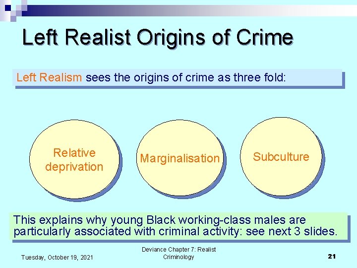 Left Realist Origins of Crime Left Realism sees the origins of crime as three