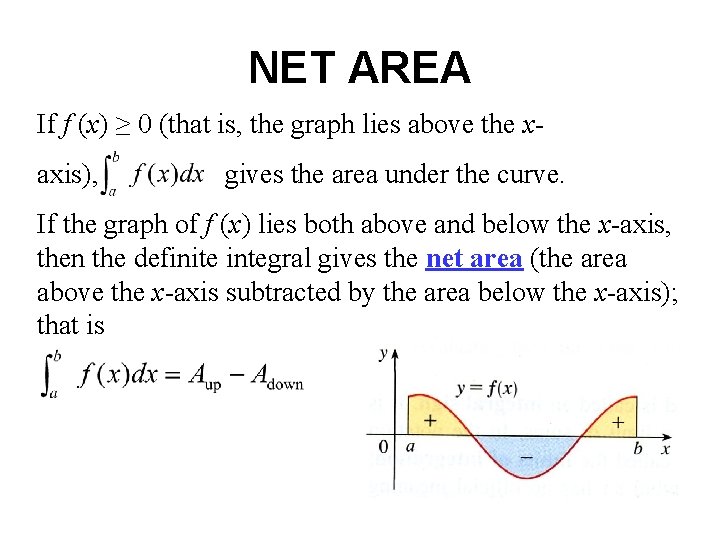 NET AREA If f (x) ≥ 0 (that is, the graph lies above the