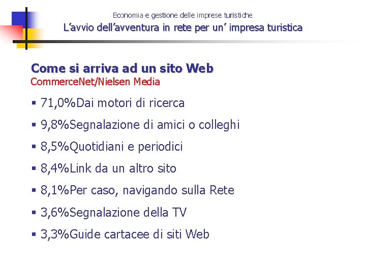 Economia e gestione delle imprese turistiche L’avvio dell’avventura in rete per un’ impresa turistica