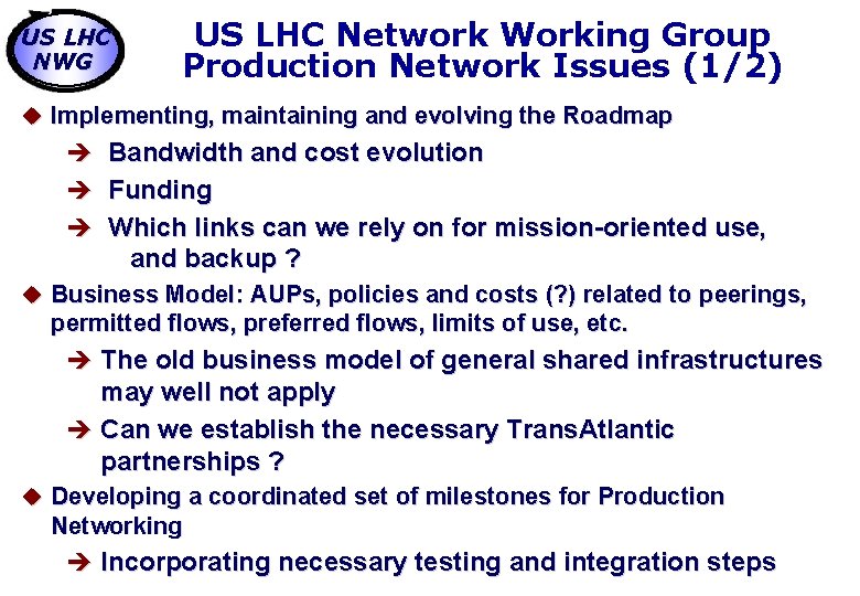 US LHC NWG US LHC Network Working Group Production Network Issues (1/2) u Implementing,