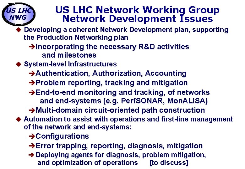 US LHC NWG US LHC Network Working Group Network Development Issues u Developing a