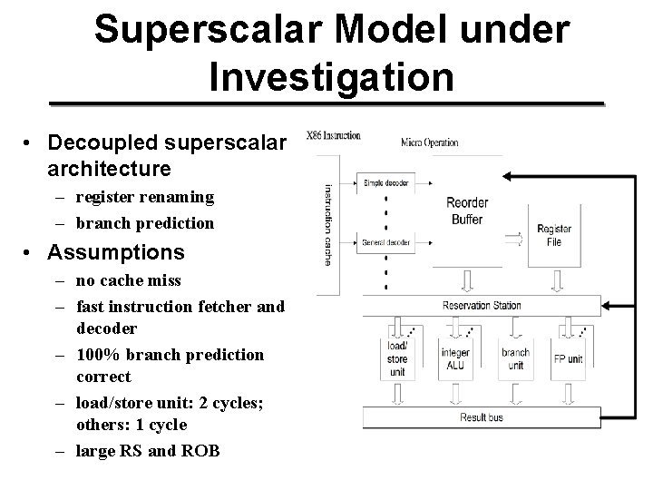 Superscalar Model under Investigation • Decoupled superscalar architecture – register renaming – branch prediction