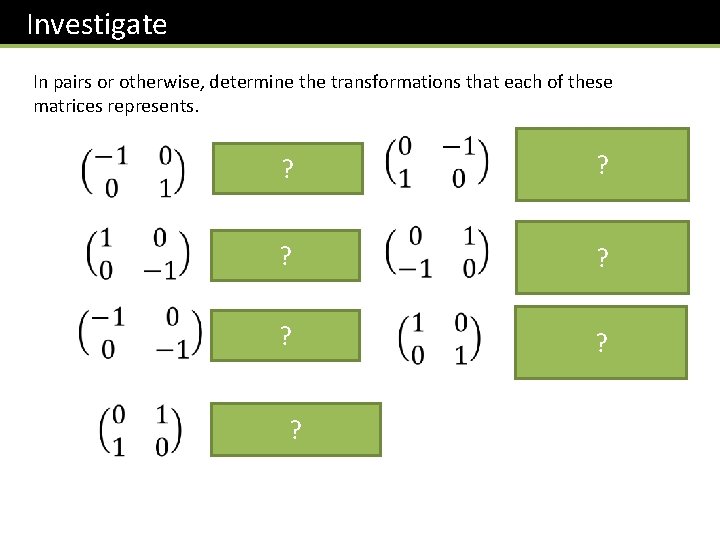 Investigate In pairs or otherwise, determine the transformations that each of these matrices represents.