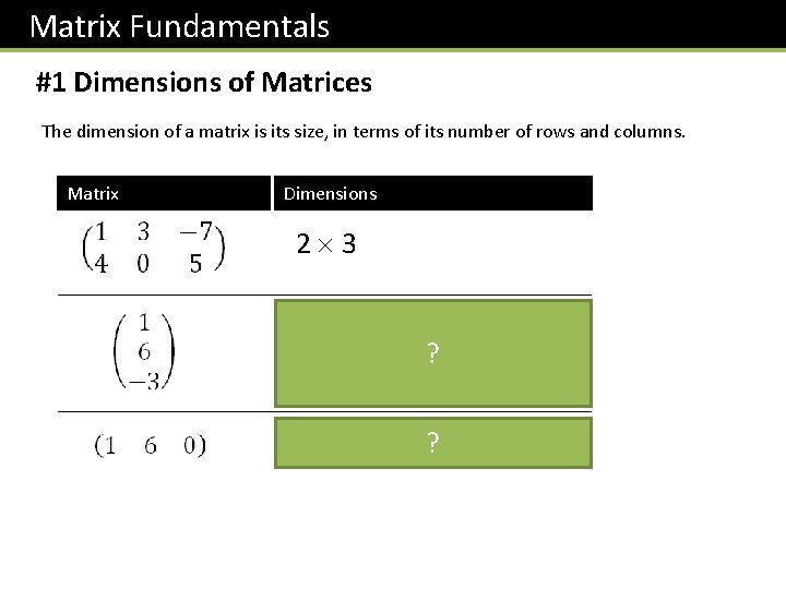 Matrix Fundamentals #1 Dimensions of Matrices The dimension of a matrix is its size,