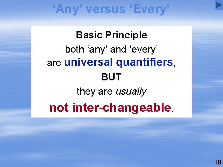 ‘Any’ versus ‘Every’ Basic Principle both ‘any’ and ‘every’ are universal quantifiers, BUT they