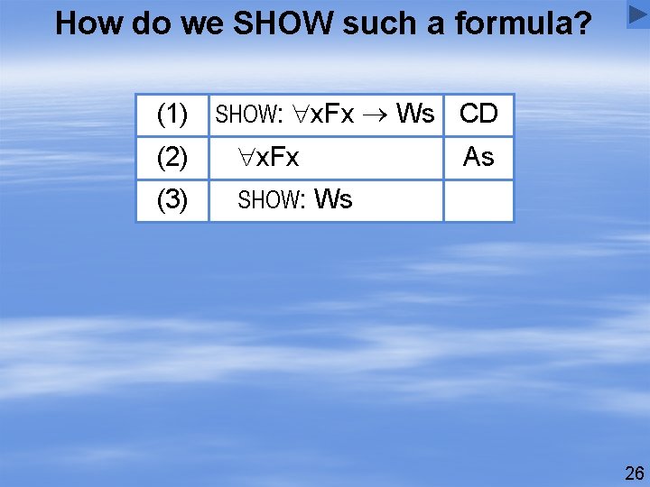 How do we SHOW such a formula? (1) : x. Fx Ws CD (2)