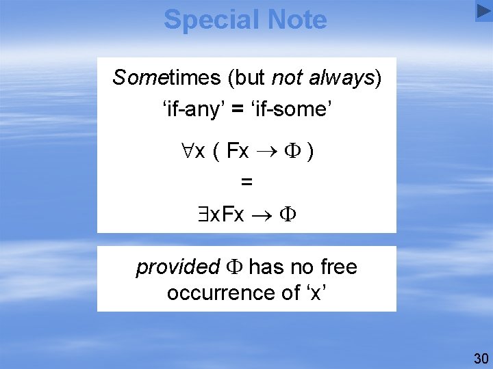 Special Note Sometimes (but not always) ‘if-any’ = ‘if-some’ x ( Fx ) =