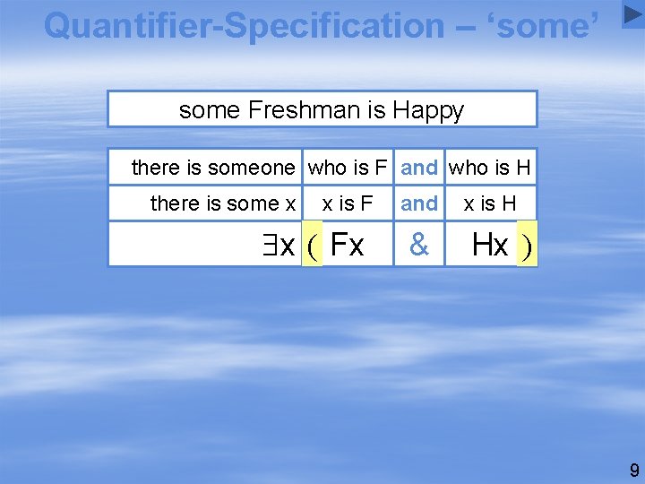 Quantifier-Specification – ‘some’ some Freshman is Happy there is someone who is F and