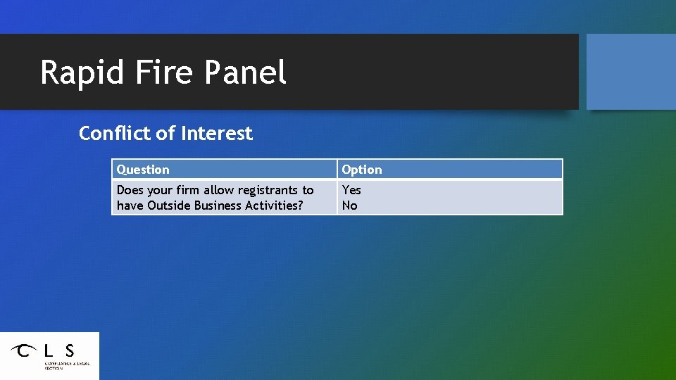 Rapid Fire Panel Conflict of Interest Question Option Does your firm allow registrants to