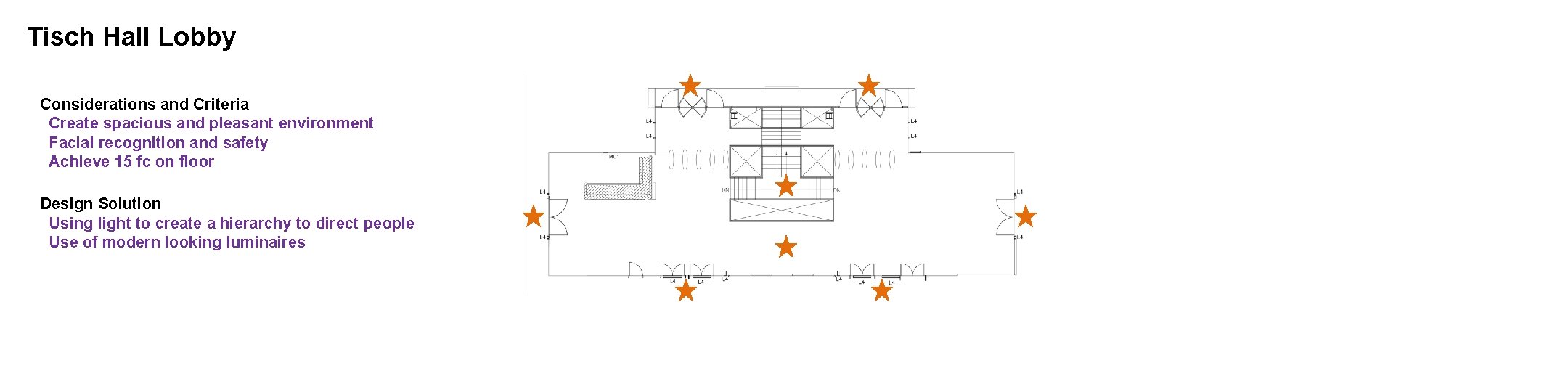 Tisch Hall Lobby Considerations and Criteria Create spacious and pleasant environment Facial recognition and