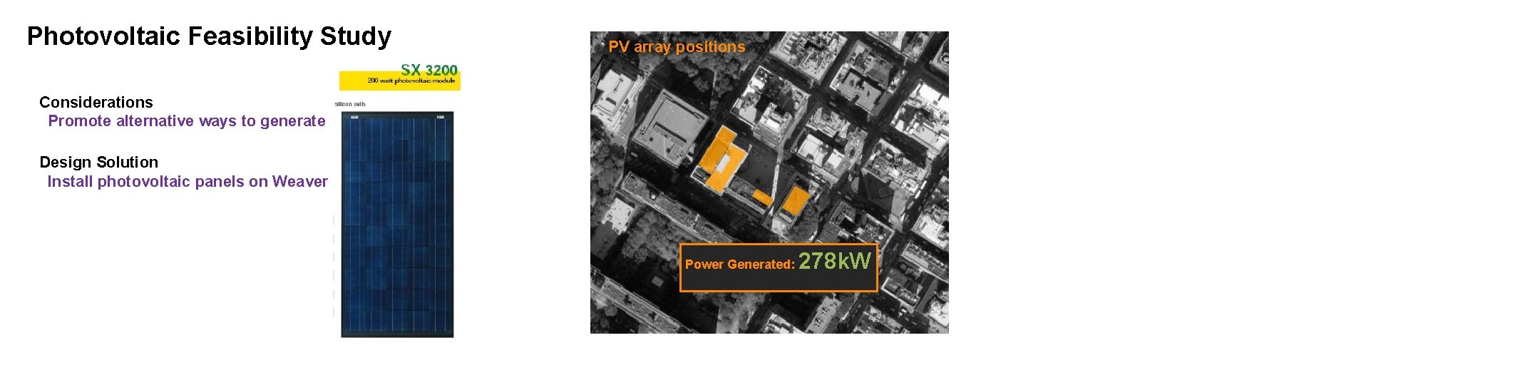 Photovoltaic Feasibility Study PV array positions Considerations Promote alternative ways to generate electricity Design