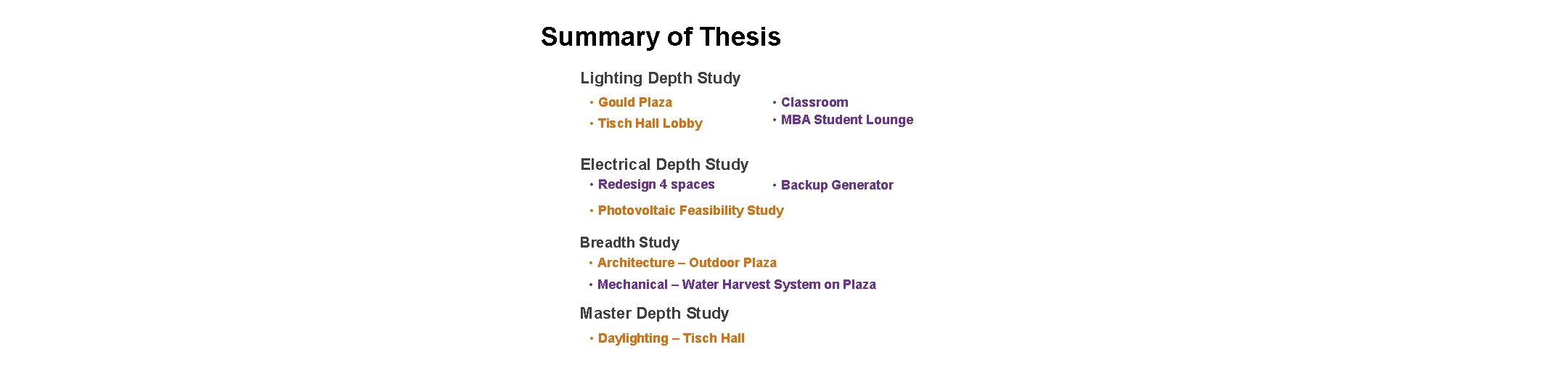 Summary of Thesis Lighting Depth Study • Gould Plaza • Tisch Hall Lobby •