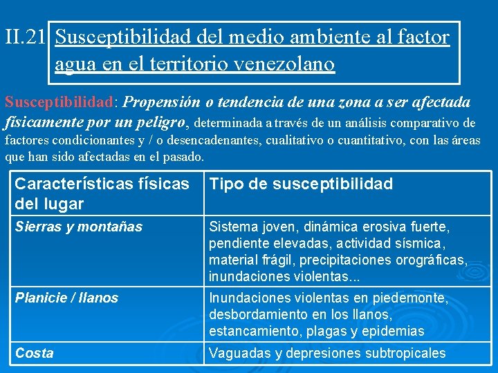 II. 21 Susceptibilidad del medio ambiente al factor agua en el territorio venezolano Susceptibilidad: