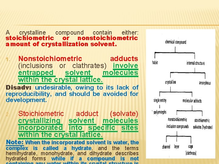 A crystalline compound contain either: stoichiometric or nonstoichiometric amount of crystallization solvent. 1. Nonstoichiometric