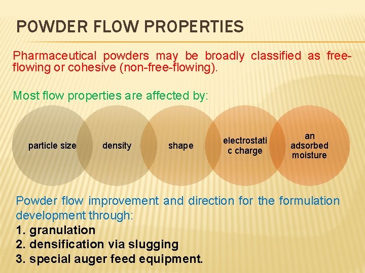 POWDER FLOW PROPERTIES Pharmaceutical powders may be broadly classified as freeflowing or cohesive (non-free-flowing).