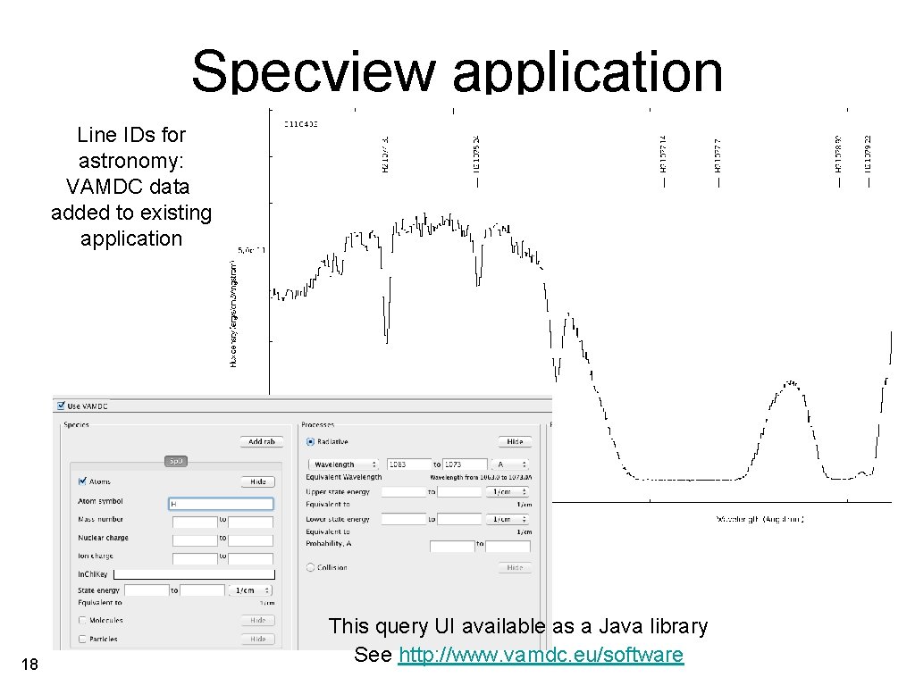 Specview application Line IDs for astronomy: VAMDC data added to existing application 18 This