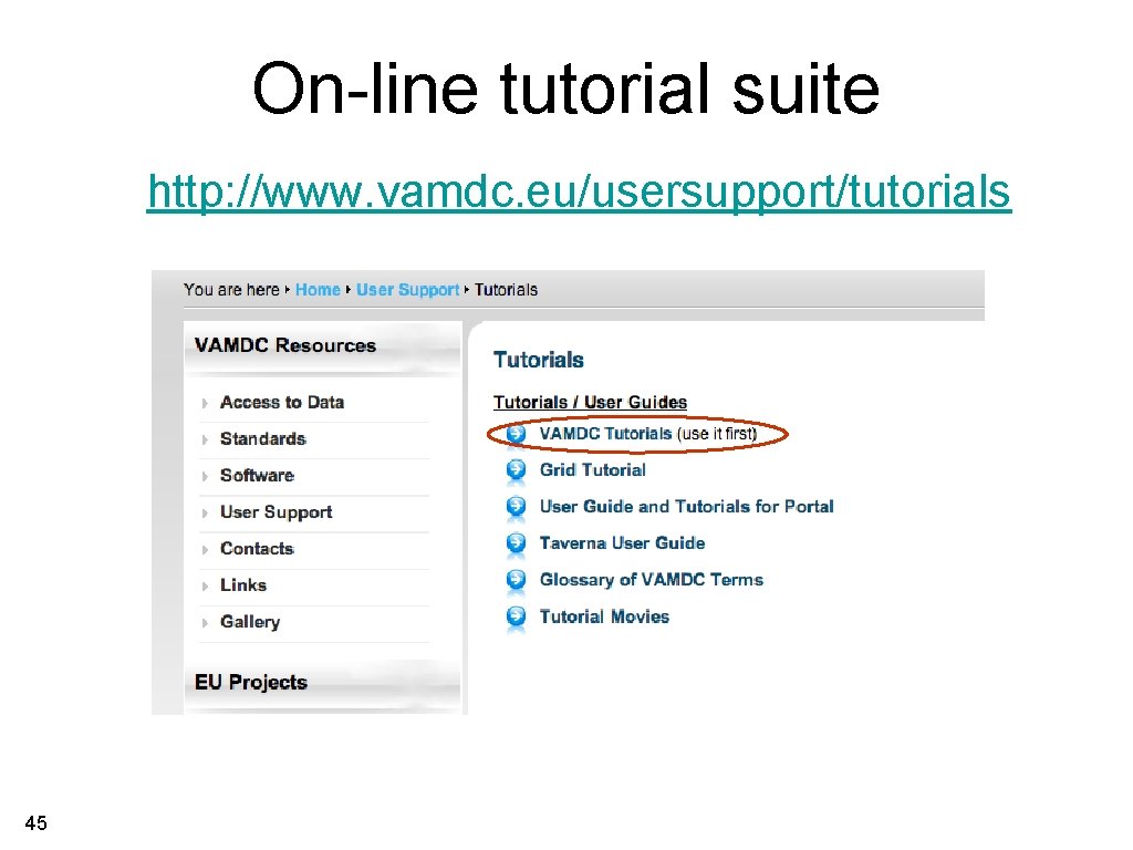 On-line tutorial suite http: //www. vamdc. eu/usersupport/tutorials 45 
