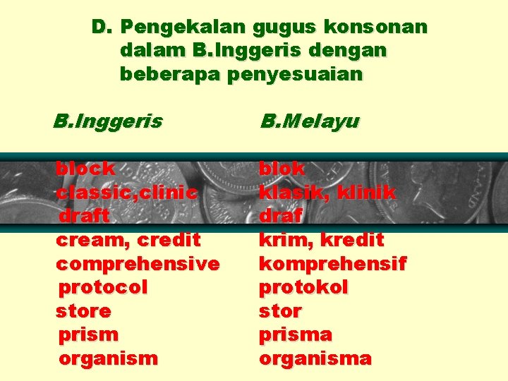D. Pengekalan gugus konsonan dalam B. Inggeris dengan beberapa penyesuaian B. Inggeris B. Melayu