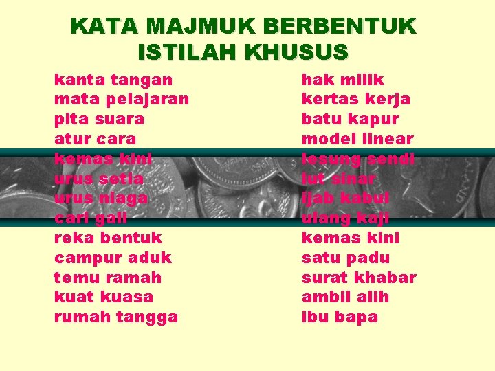 KATA MAJMUK BERBENTUK ISTILAH KHUSUS kanta tangan mata pelajaran pita suara atur cara kemas