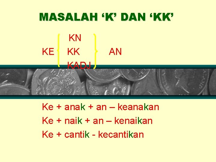 MASALAH ‘K’ DAN ‘KK’ KE KN KK KADJ AN Ke + anak + an