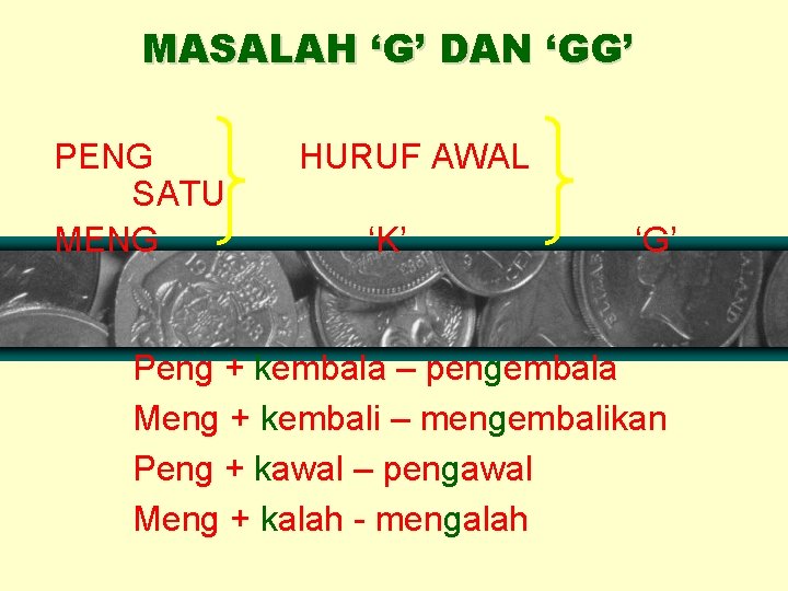 MASALAH ‘G’ DAN ‘GG’ PENG SATU MENG HURUF AWAL ‘K’ ‘G’ Peng + kembala