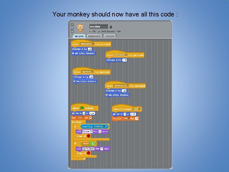 Your monkey should now have all this code : 