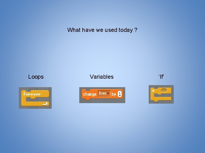 What have we used today ? Loops Variables ‘If’ 