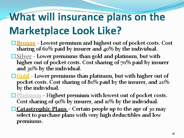 What will insurance plans on the Marketplace Look Like? �Bronze - Lowest premium and
