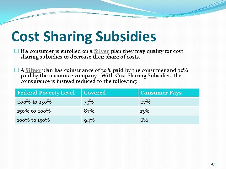 Cost Sharing Subsidies � If a consumer is enrolled on a Silver plan they