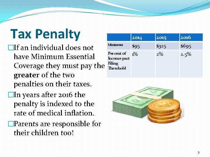 Tax Penalty �If an individual does not have Minimum Essential Coverage they must pay