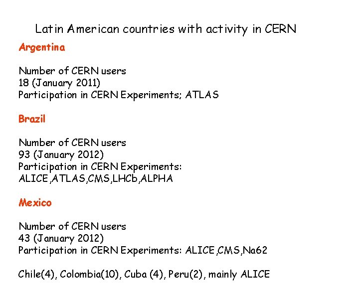 Latin American countries with activity in CERN Argentina Number of CERN users 18 (January