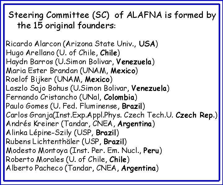 Steering Committee (SC) of ALAFNA is formed by the 15 original founders: Ricardo Alarcon