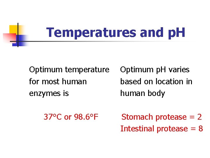Temperatures and p. H Optimum temperature for most human enzymes is 37°C or 98.