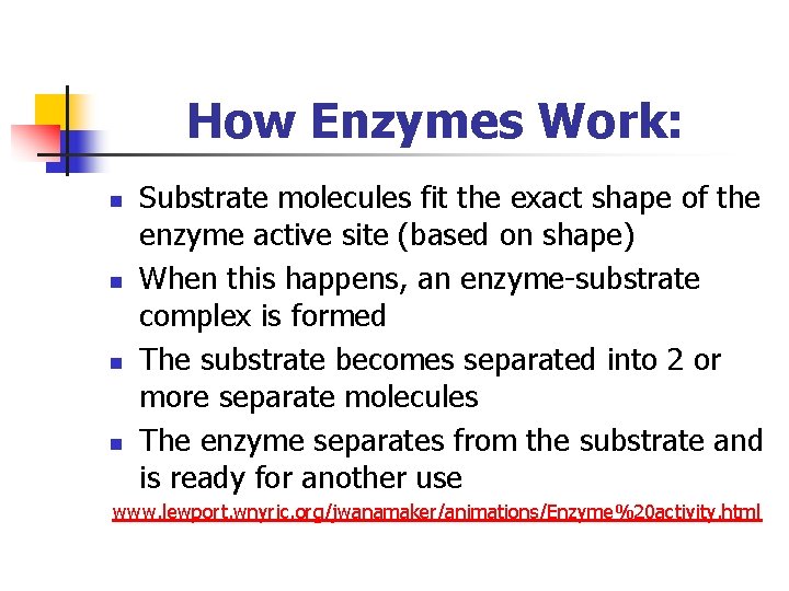 How Enzymes Work: n n Substrate molecules fit the exact shape of the enzyme