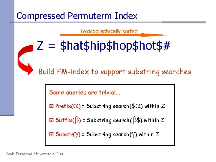 Compressed Permuterm Index Lexicographically sorted Z = $hat$hip$hot$# Build FM-index to support substring searches