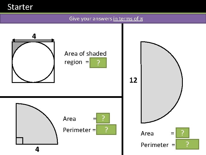 Starter Give your answers in terms of π 4 Area of shaded region =