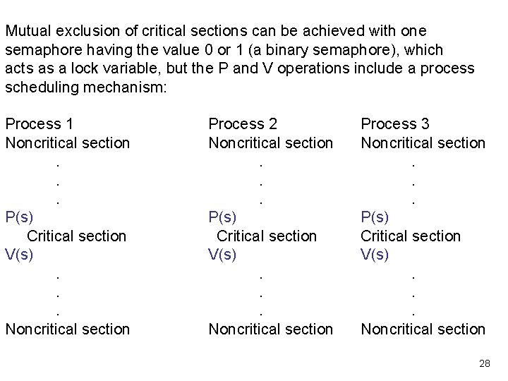 Mutual exclusion of critical sections can be achieved with one semaphore having the value